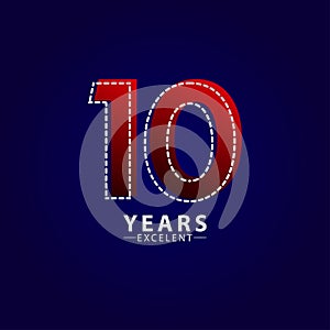 10 Years Excellent Anniversary Celebration Red Dash Line Vector Template Design Illustration