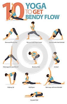 10 Yoga poses or asana posture for workout in bendy flow concept. Women exercising for body stretching. Fitness infographic.Vector