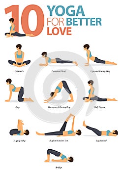 10 Yoga poses for workout in better love concept. Woman exercising for body stretching. Yoga posture or asana for fitness.