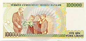 100,000 Lira Turkish old banknote, back