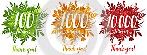 100, 1000 and 10 000 followers , greeting card for social networks