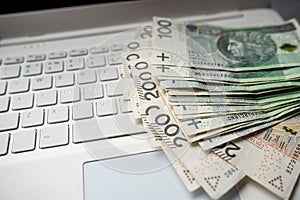 100 200 Polish PLN cash on laptop computer, make money or buy online