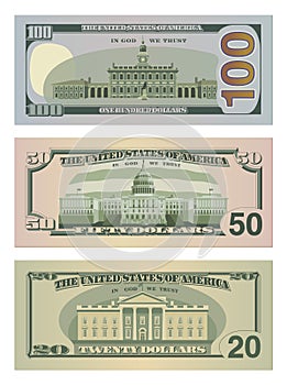 100, 50 and 20 US dollars banknotes from reverse side
