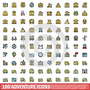 100 adventure icons set, color line style