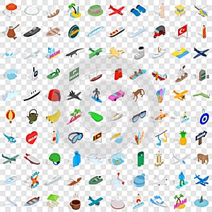 100 adventure icons set, isometric 3d style