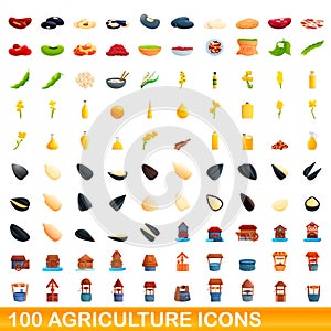 100 agriculture icons set, cartoon style