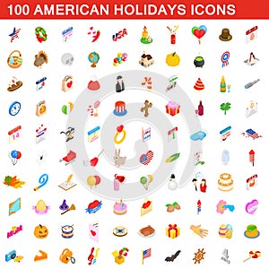 100 American holidays cons set, isometric 3d style