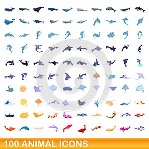 100 animal icons set, cartoon style