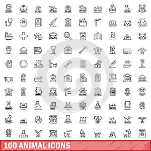 100 animal icons set, outline style