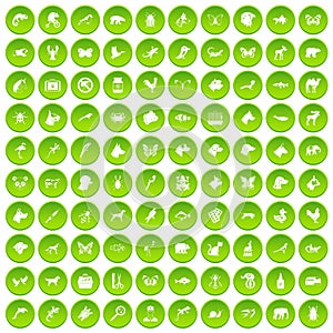 100 animals icons set green circle