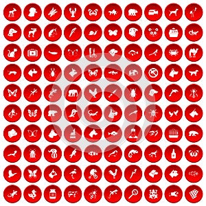 100 animals icons set red