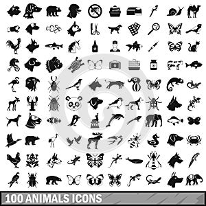 100 animals icons set in simple style