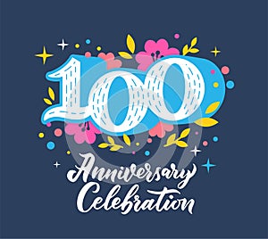 100 anniversary celebration flat greeting card template. 100th birthday postcard with hand drawn number, floral design