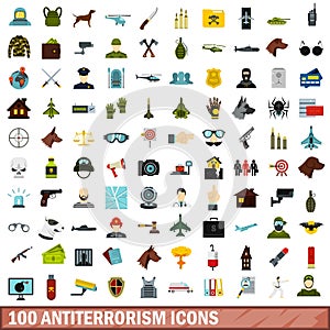 100 antiterrorism icons set, flat style