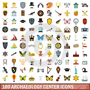 100 archaeology center icons set, flat style