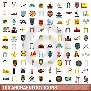 100 archaeology icons set, flat style