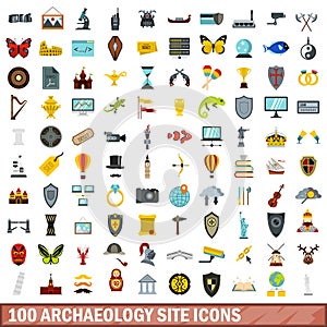 100 archaeology site icons set, flat style