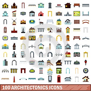 100 architectonics icons set, flat style