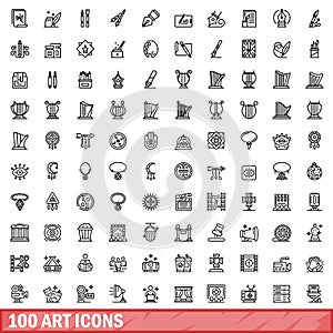 100 art icons set, outline style