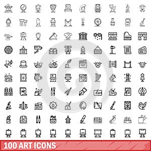 100 art icons set, outline style