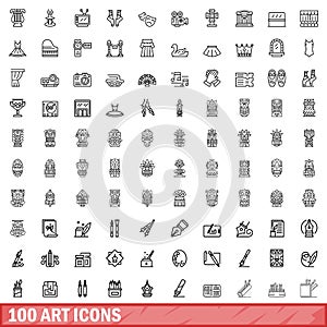 100 art icons set, outline style