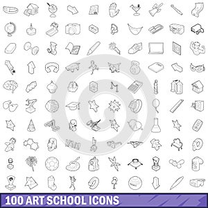 100 art school icons set, outline style