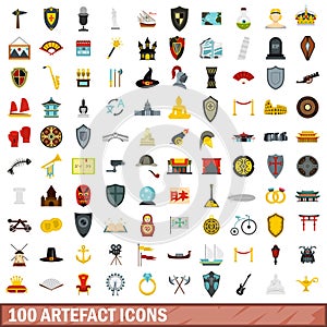 100 artefact icons set, flat style