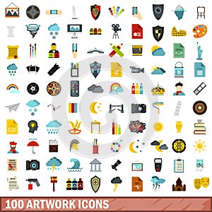 100 artwork icons set, flat style