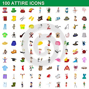 100 attire icons set, cartoon style