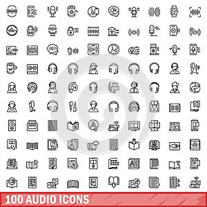 100 audio icons set, outline style