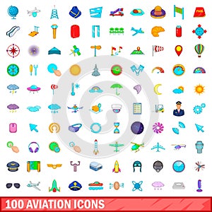 100 aviation icons set, cartoon style