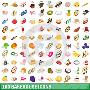 100 bakehouse icons set, isometric 3d style