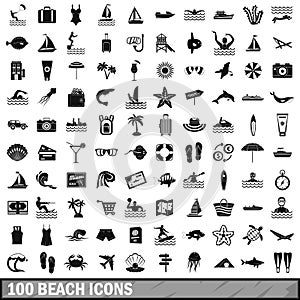 100 beach icons set, simple style