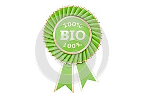 100% bio award, prize, medal or badge with ribbons. 3D rendering