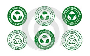 100% Biodegradable, 100% compostable icon, sign, logo set.