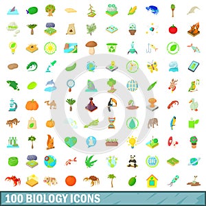 100 biology icons set, cartoon style