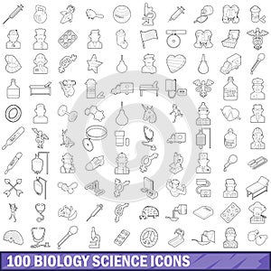 100 biology science icons set, outline style