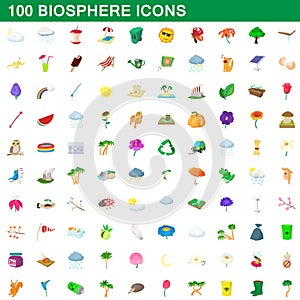 100 biosphere icons set, cartoon style