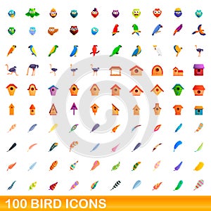 100 bird icons set, cartoon style
