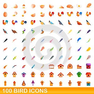 100 bird icons set, cartoon style