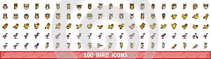 100 bird icons set, color line style