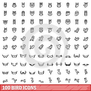 100 bird icons set, outline style