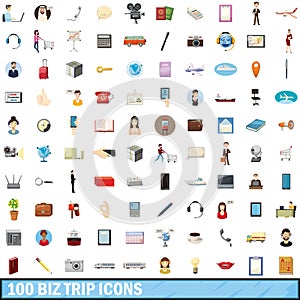 100 biz trip icons set, cartoon style