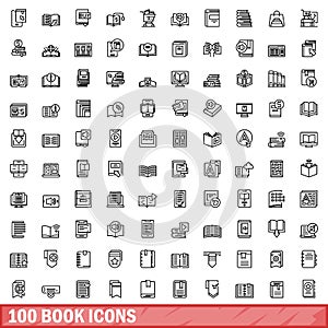 100 book icons set, outline style