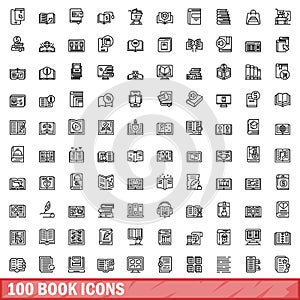 100 book icons set, outline style