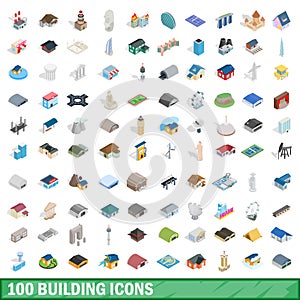 100 building icons set, isometric 3d style