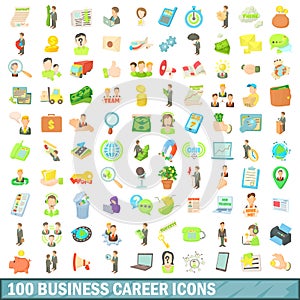 100 business career icons set, cartoon style