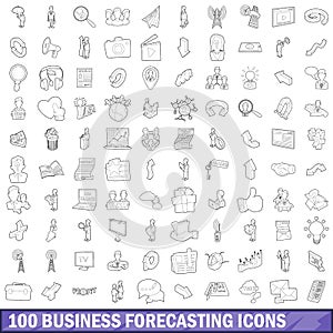 100 business forecasting icons set, outline style