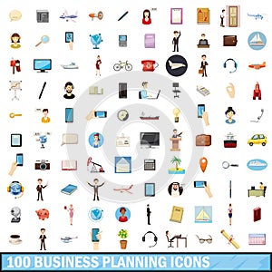 100 busness planning icons set, cartoon style