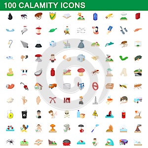 100 calamity icons set, cartoon style